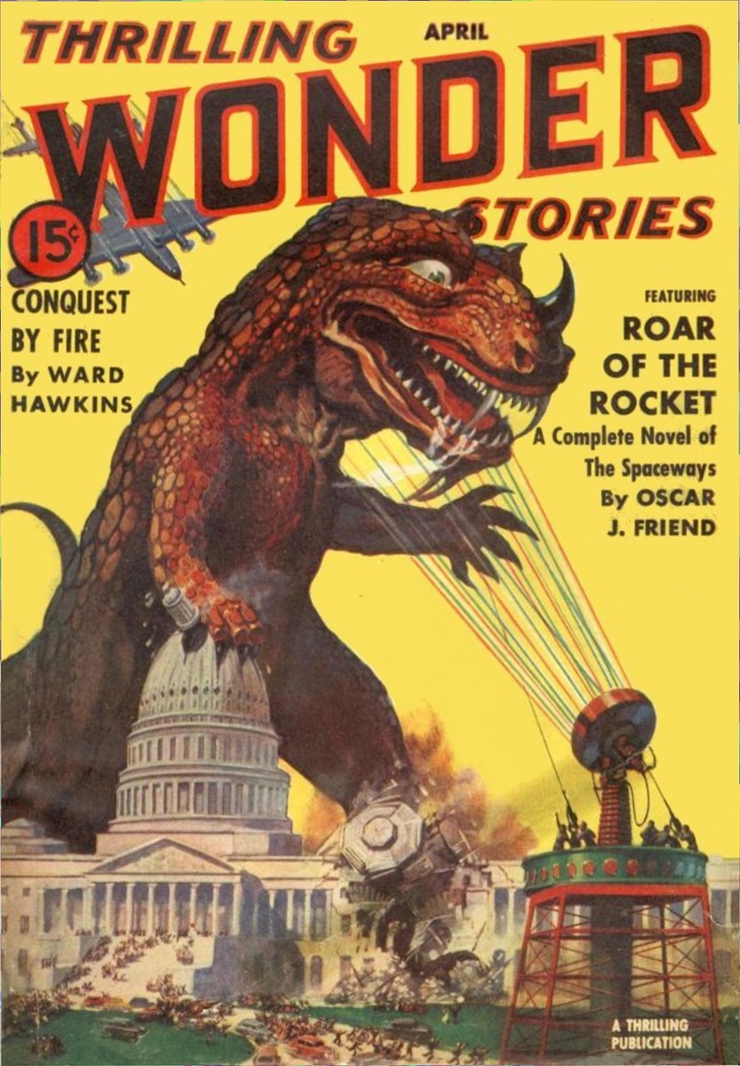 Giant Dinosaur Attacks U.S. Capitol, Thrilling Wonder Stories April 1940