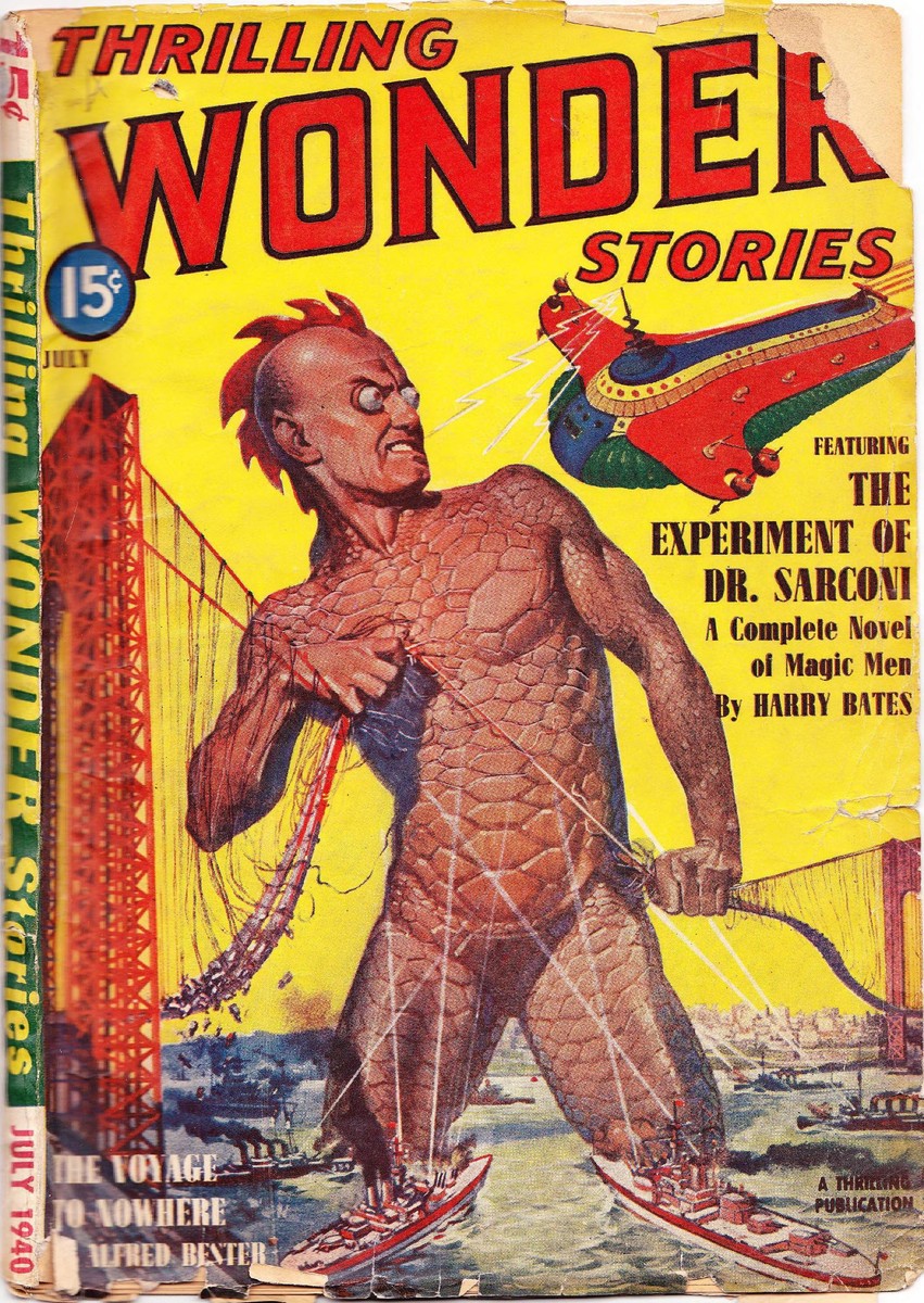 Giant Reptilian Monster Attacks Golden Gate Bridge – Thrilling Wonder Stories July 1940