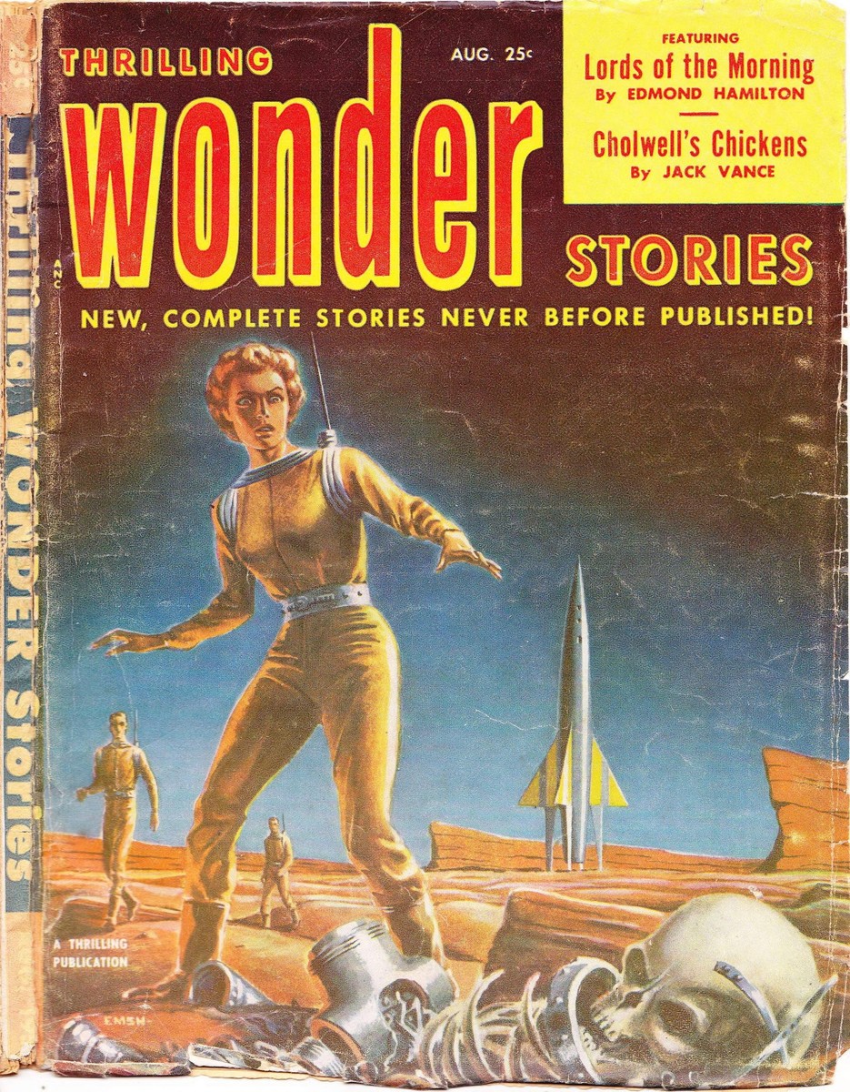 Emsh Cover: Armed Woman on Alien World, Thrilling Wonder Stories Aug 1952