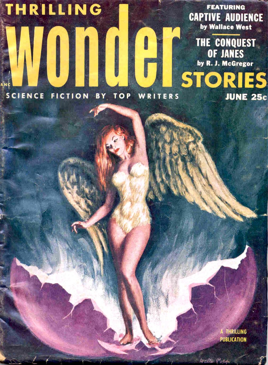 Winged Woman Hatching from Cosmic Egg, Thrilling Wonder Stories June 1953