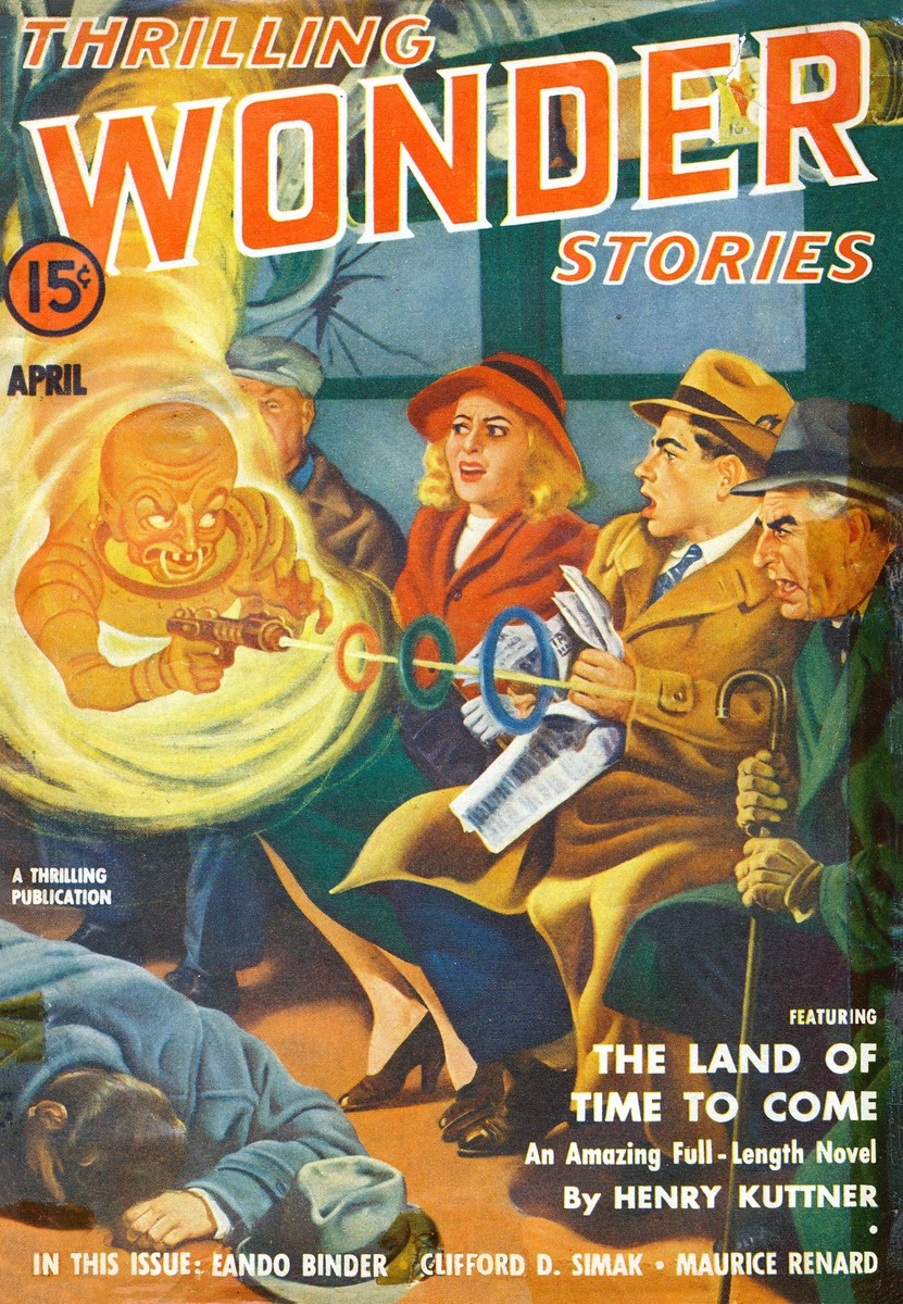Thrilling Wonder Stories April 1941 — Tiny Alien Gunman Terrorizes Subway Riders