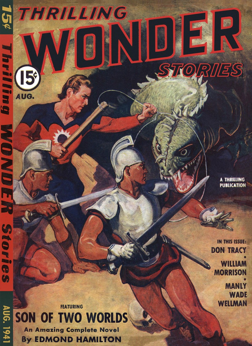 Thrilling Wonder Stories Aug 1941 – Son of Two Worlds Lizard Beast Attack