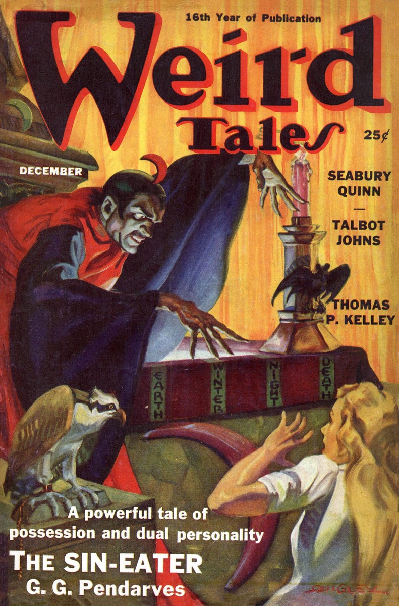 Weird Tales December 1938 – Demon Sin-Eater Menaces Blonde in Occult Ritual