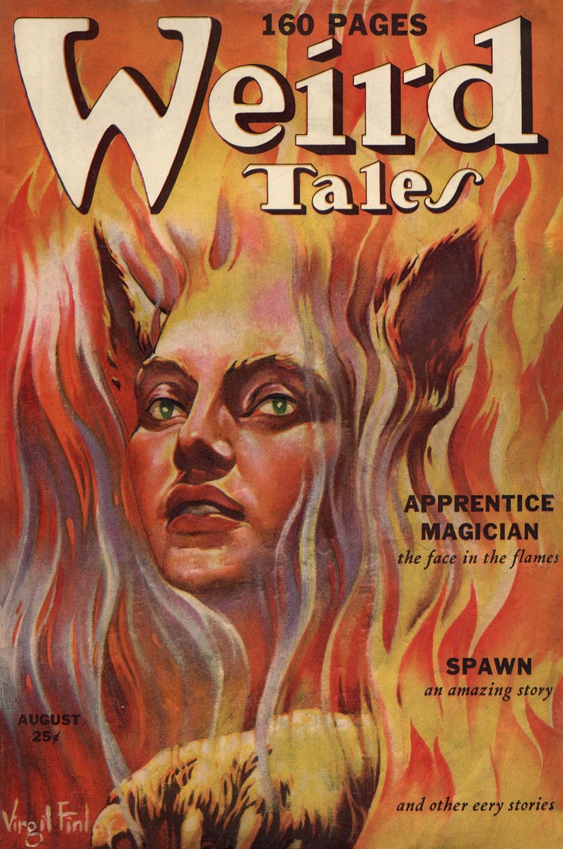 Virgil Finlay's Demon Face in Flames, Weird Tales August 1939