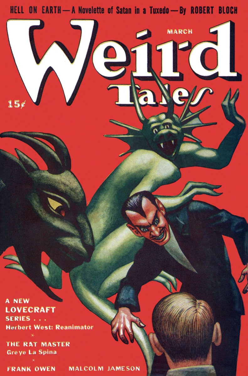 Weird Tales March 1942 — Satan in a Tuxedo Battles Demons, Lovecraft Inside