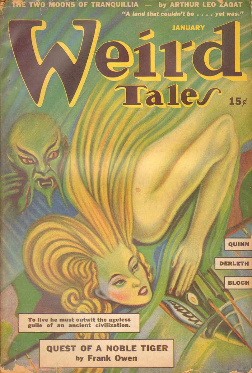 Weird Tales January 1943 — Green Demon Menaces Blonde, Quest of a Noble Tiger