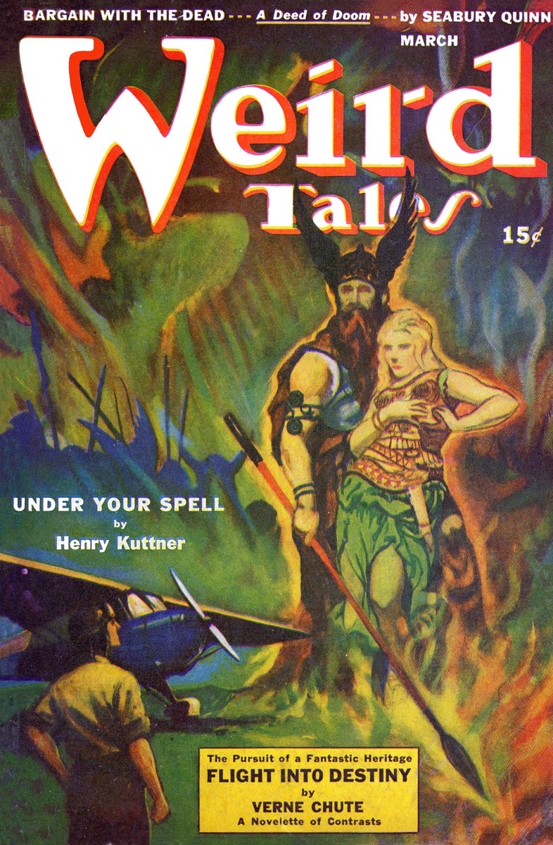 Weird Tales March 1943 — Viking Warrior & Blonde in Mystic Jungle