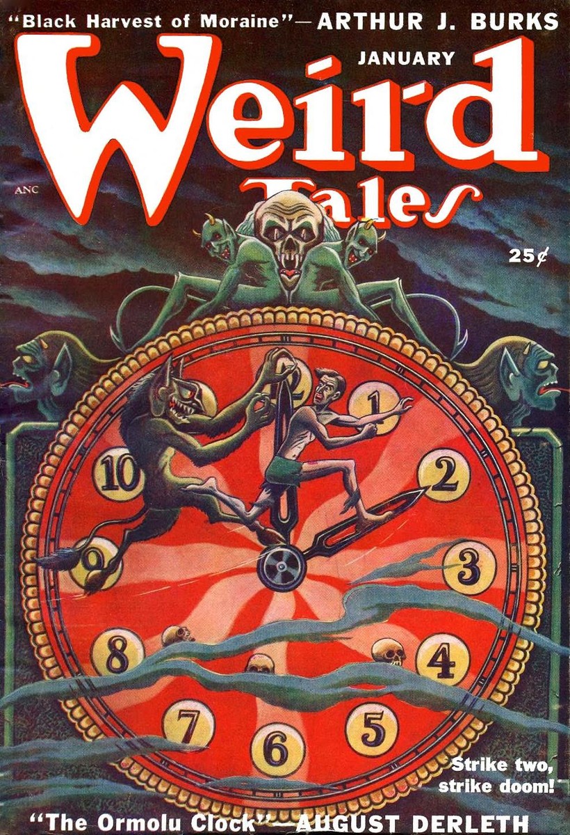 Demon Battles Man on Giant Clock Face — Weird Tales January 1950