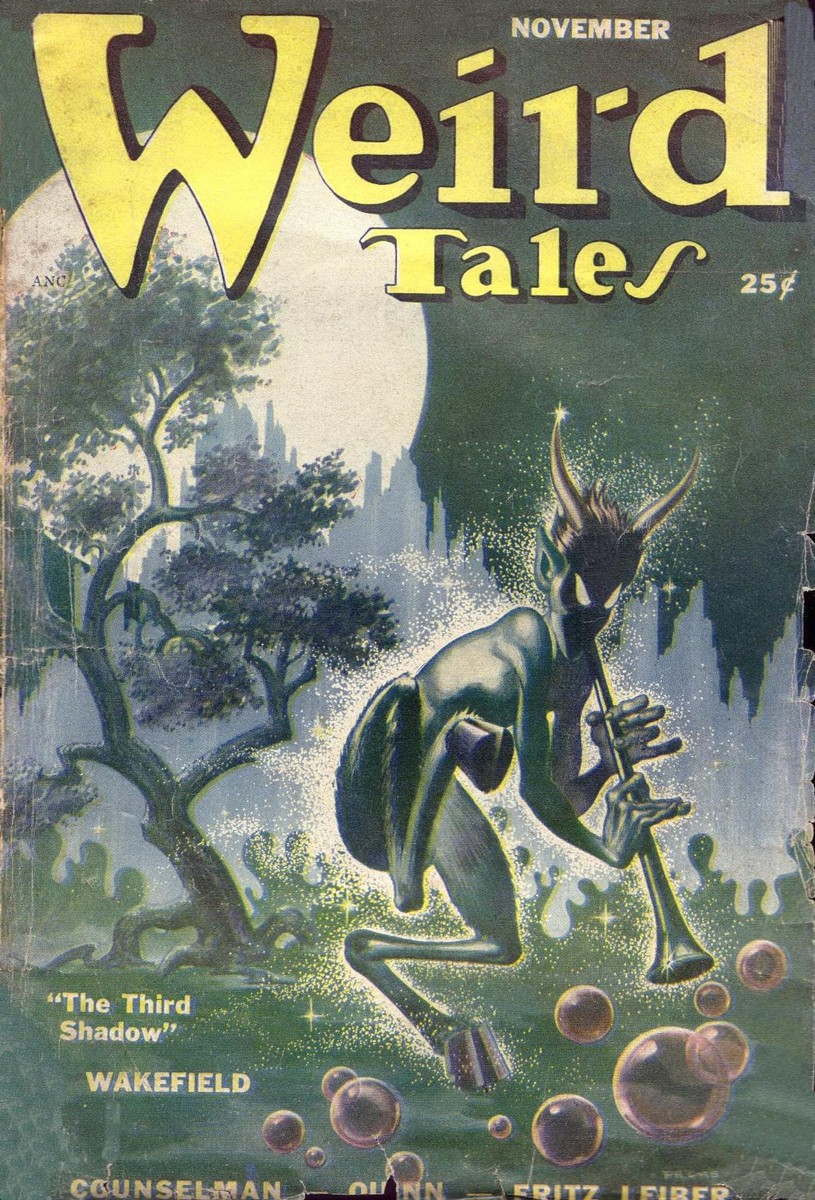 Horned Pan Figure Playing Flute by Moonlight, Weird Tales Nov 1950