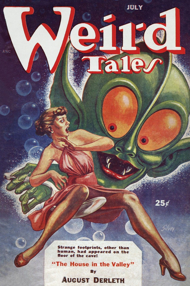 Weird Tales July 1953 — Green Deep-Sea Monster Attacks Woman in Cave