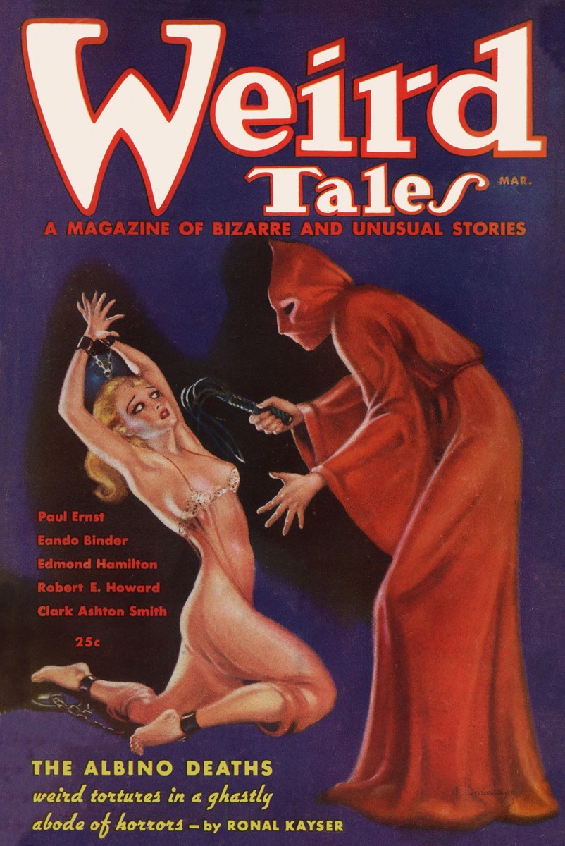 Weird Tales March 1936 – Red-Robed Villain Menaces Chained Woman