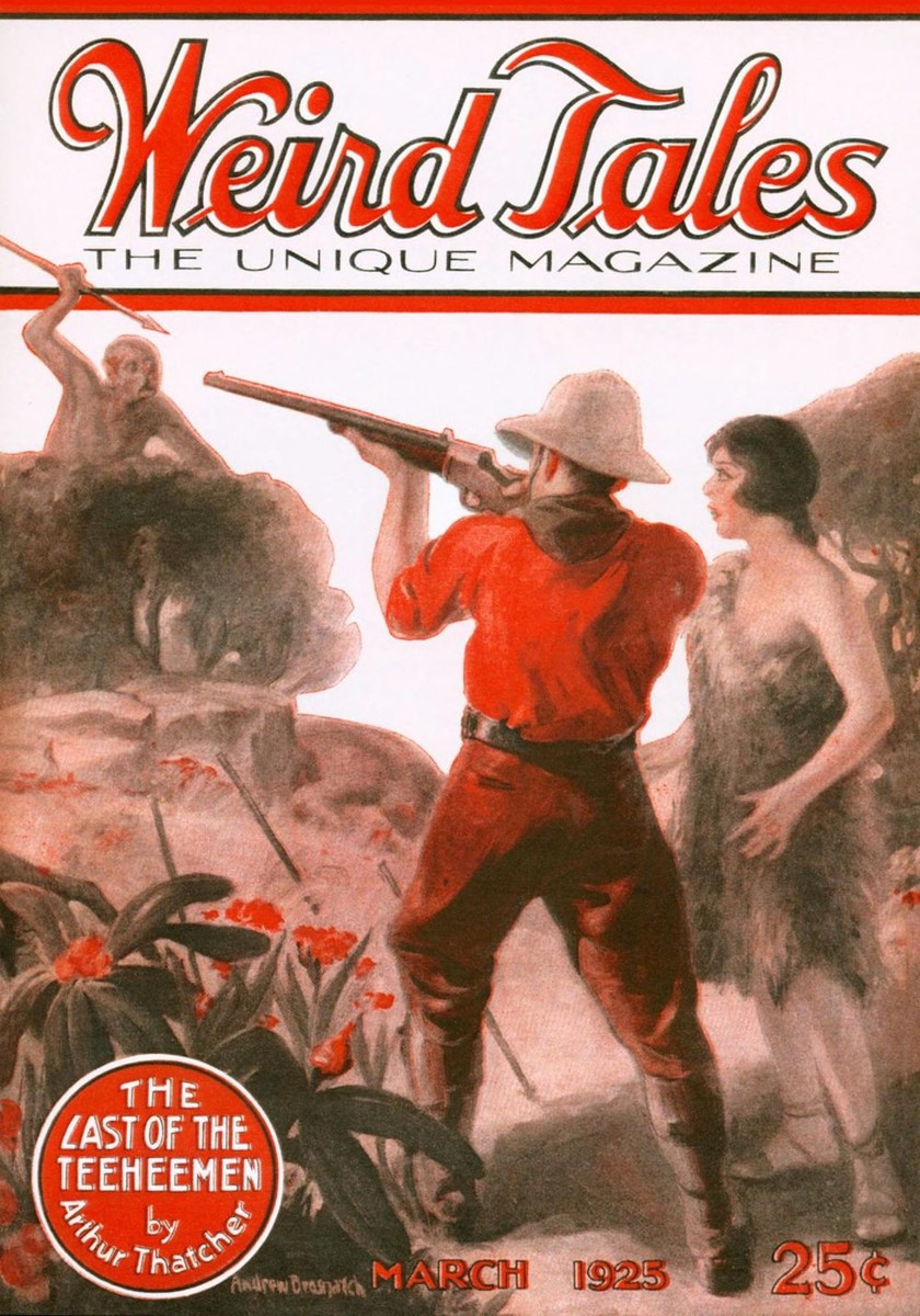 Weird Tales March 1925 — Hunter vs. Primitive Spearman, 'Last of the Teeheemen'