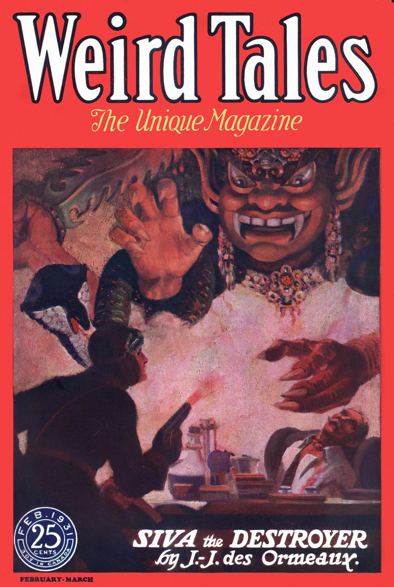 Weird Tales Feb-Mar 1931: Siva the Destroyer Rises from Lab Smoke