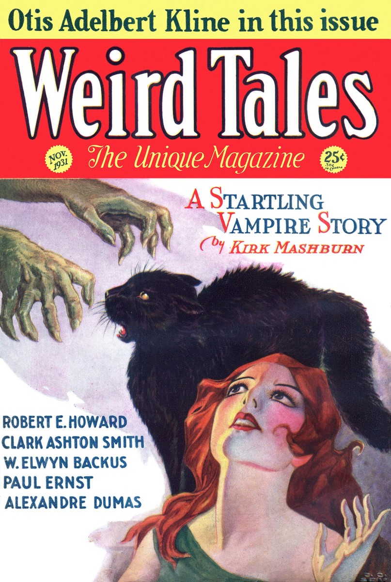 Weird Tales Nov 1931: Vampire Story Cover with Black Cat & Clawed Demon