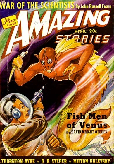 Fish Men of Venus – Amazing Stories April Cover, Aquatic Alien Attack