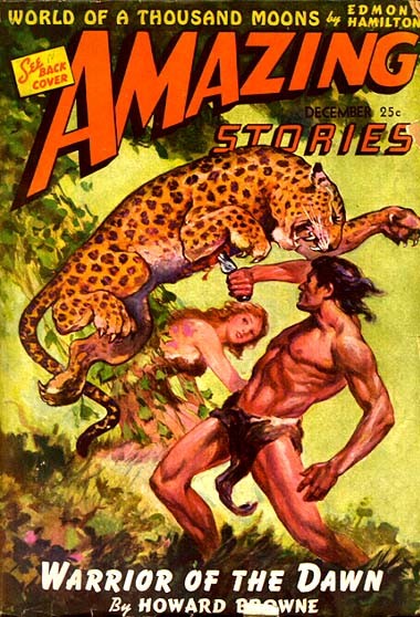 Amazing Stories Dec 1942 — Warrior of the Dawn Leopard Attack Cover