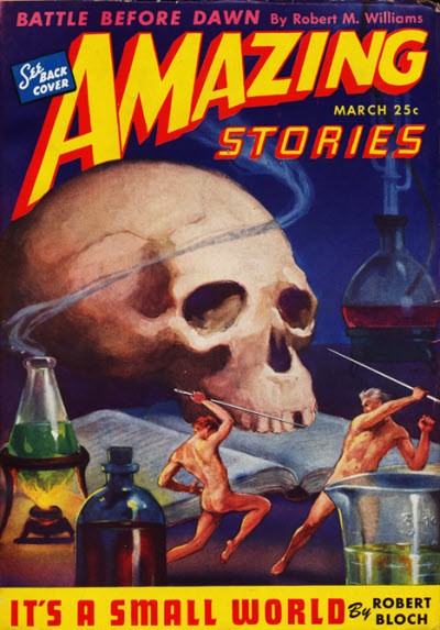 Amazing Stories March 1946: 'It's a Small World' Shrinking Figures Skull Cover