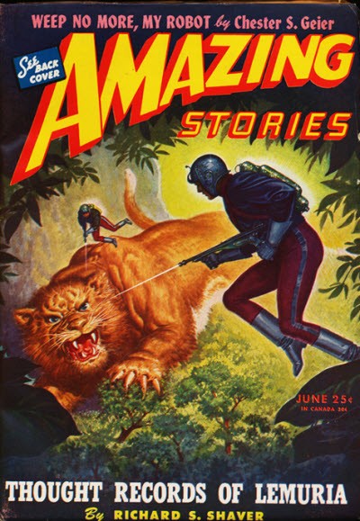 Amazing Stories June 1946 — Armored Hunter vs Giant Saber-Tooth, Lemuria