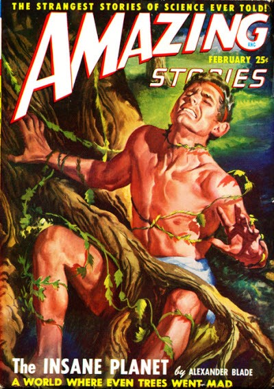 Amazing Stories Feb 1950s 'The Insane Planet' Man Devoured by Carnivorous Tree