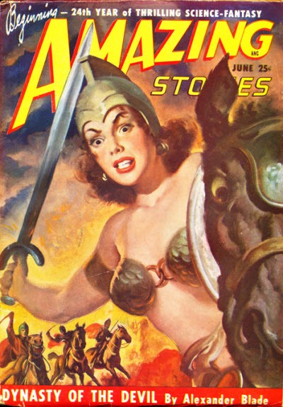 Amazing Stories June 1950 — 'Dynasty of the Devil' Warrior Woman Cover