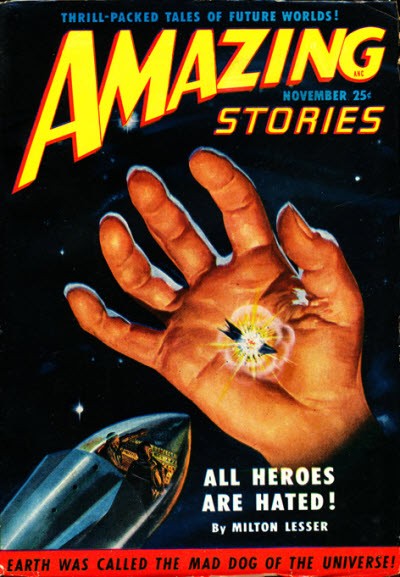 Amazing Stories Nov 1953 – Giant Hand with Energy Bolt & Rocket Cover