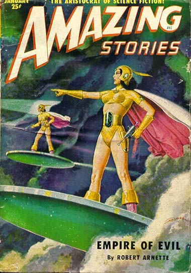 Amazing Stories 'Empire of Evil' Jan 1950 — Golden Warriors on Flying Saucers