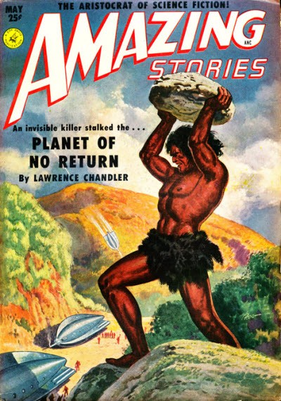 Giant Primitive Hurls Boulder at Spacecraft – Amazing Stories May 1950s