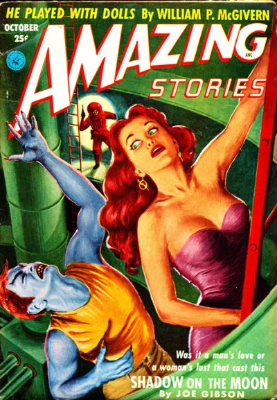 Amazing Stories Oct 1952 – Blue Alien Menace & Redhead in Peril Cover