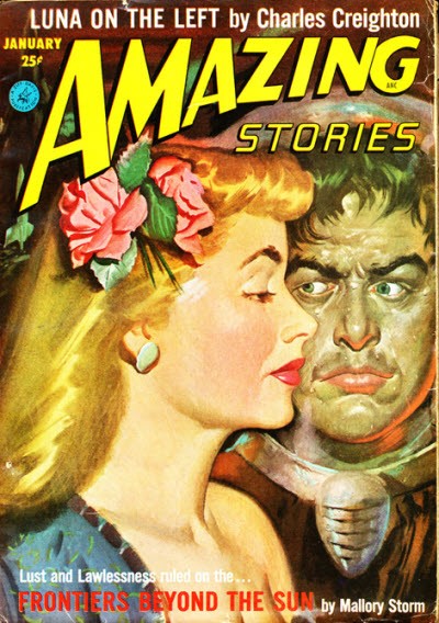 Amazing Stories Jan 1952 – 'Frontiers Beyond the Sun' Romantic Alien Cover
