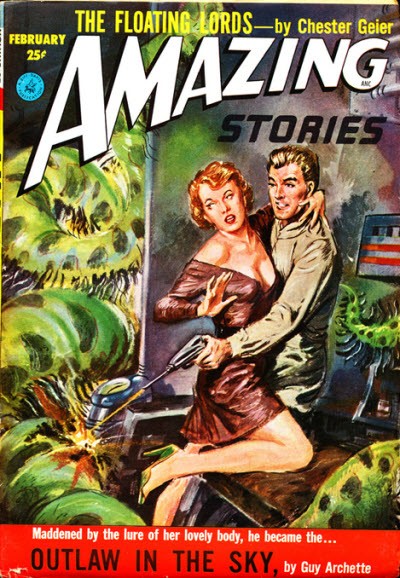 Amazing Stories Feb 1953 – 'Outlaw in the Sky' Green Monster Attack