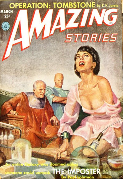 Amazing Stories March 1958 – 'The Imposter' Distressed Woman in Alien Lab