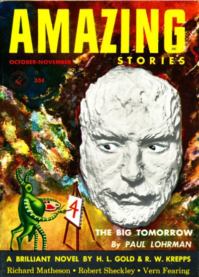 Amazing Stories Oct-Nov 1953: Alien Artist Paints a Giant Stone Face
