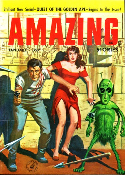 Amazing Stories January 1957 – Green Alien & Wounded Hero in Egyptian Tomb