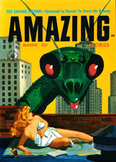 Giant Praying Mantis Stalks Sunbathing Woman, Amazing Stories March 1958