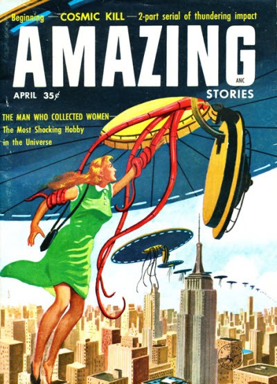 Amazing Stories April 1957: Alien Abduction Over New York Skyline