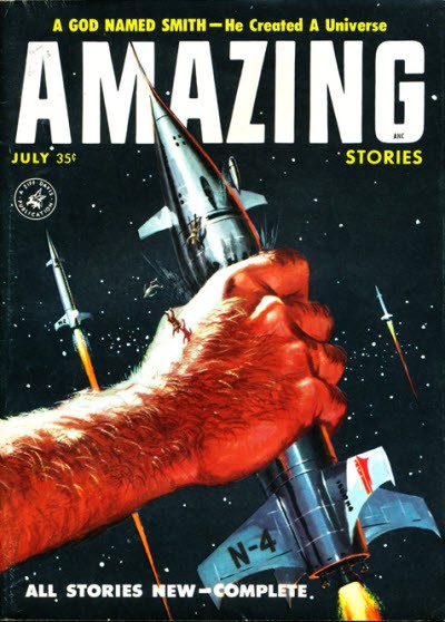 Giant Hand Crushes Rockets, Amazing Stories July 1957 Cover