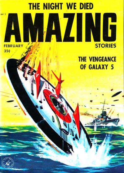 Amazing Stories Feb 1958 – Futuristic Speedboat Sunk by Warship Attack