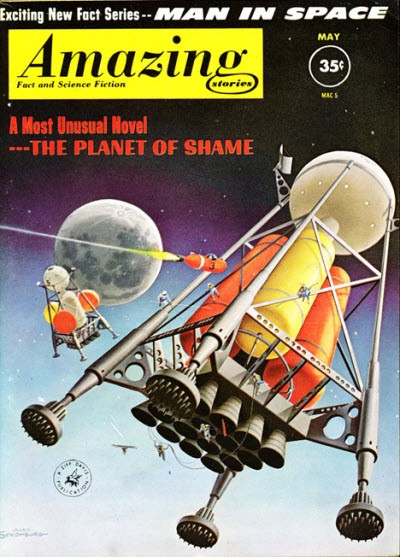 Amazing Stories May 1958 – Modular Space Station Assembly Near the Moon