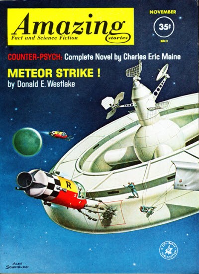 Alex Schomburg's Space Station Meteor Strike – Amazing Stories Nov 1958