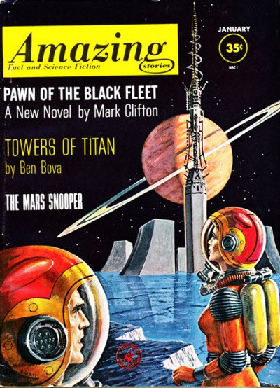 Amazing Stories January 1963 – Astronauts on Titan with Saturn Rising