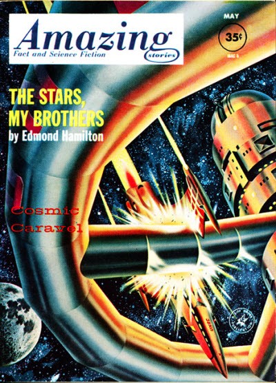 Space Battle Ring Station — Amazing Stories May 1962 Edmond Hamilton Cover