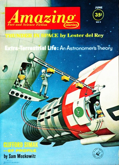 Amazing Stories June 1962 — Spacewalking Astronauts Repair Orbital Capsule