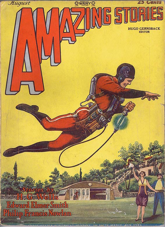 Amazing Stories Aug 1928 – Frank R. Paul's Jetpack Man Over Suburban Lawn
