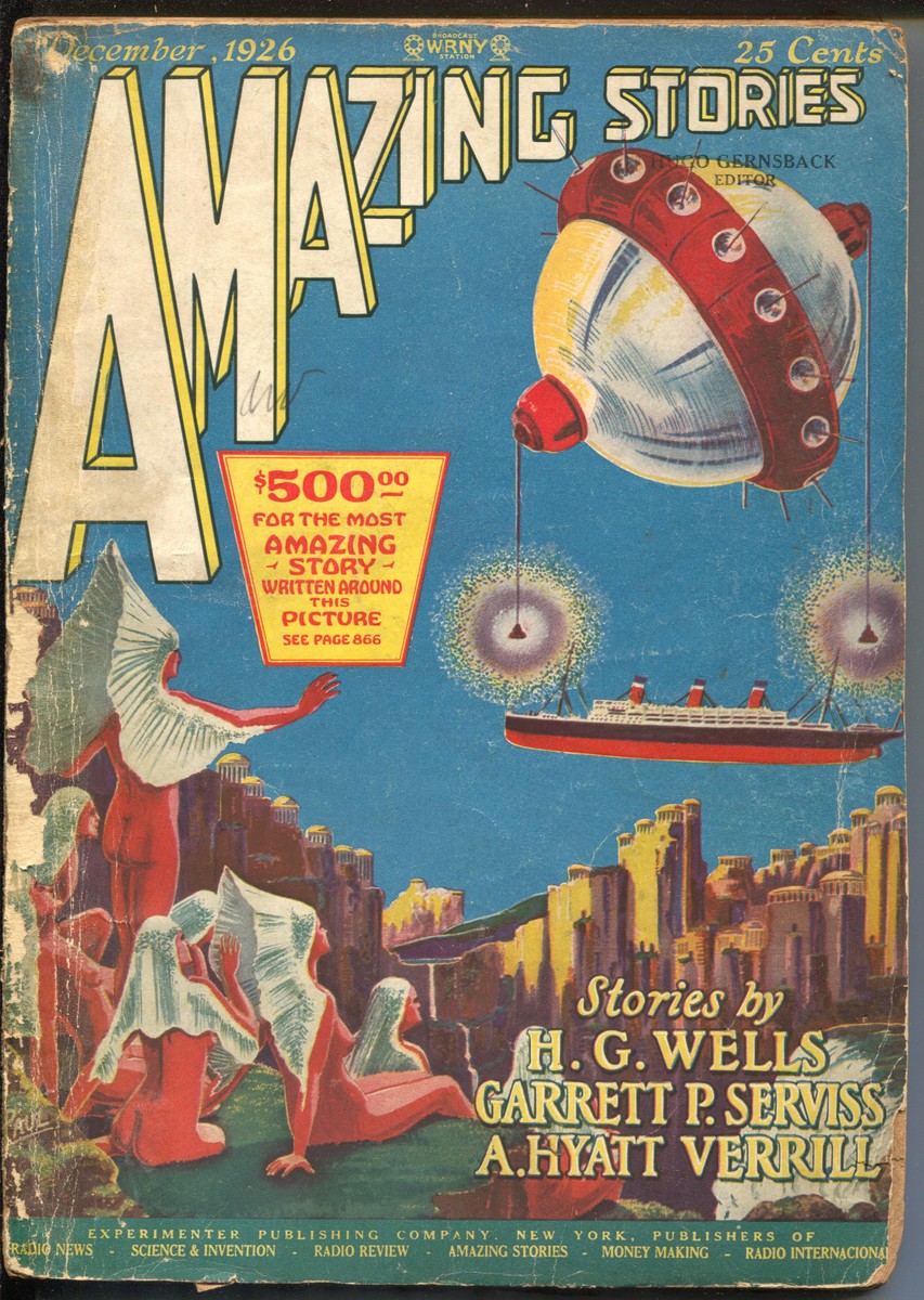 Amazing Stories Dec 1926: Giant Flying Saucer Lifts Ocean Liner