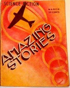 Amazing Stories March 1933 Cover — Airplane Over Abstract Orange Spheres
