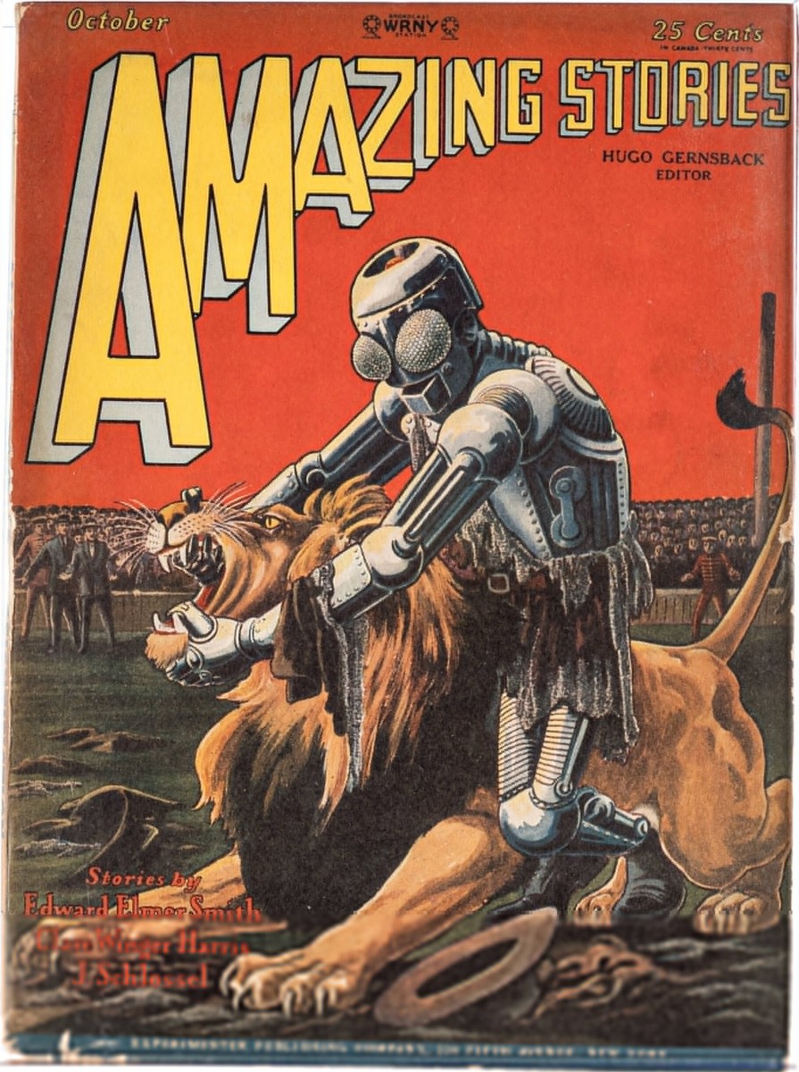 Steel Robot vs. Lion Arena, Amazing Stories October 1928 Cover
