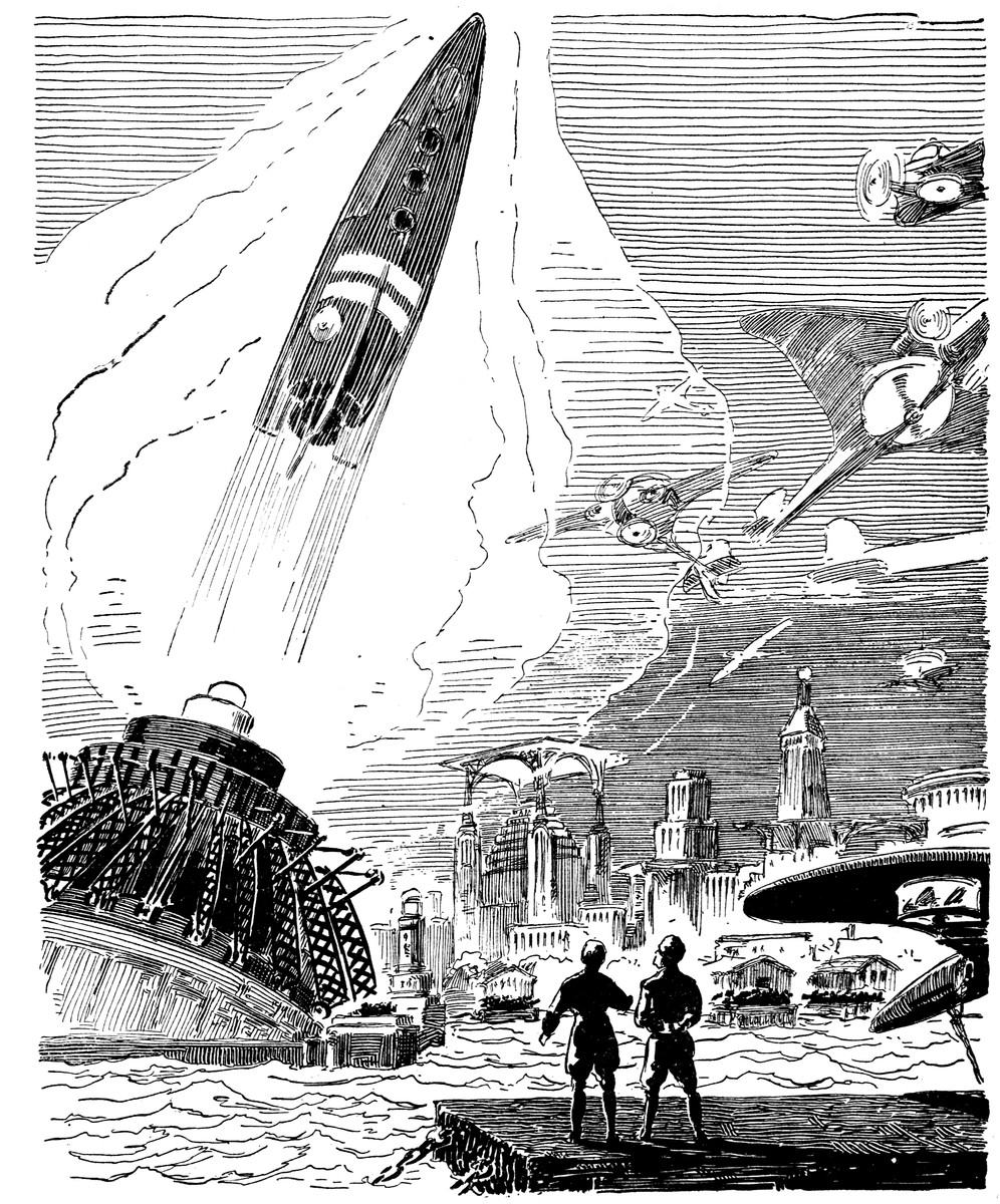 Amazing Stories 1927: Projectile Transport Launch Over Futurist City