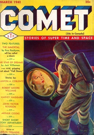 Comet Stories March 1941 — Astronaut and Woman in Space Helmet
