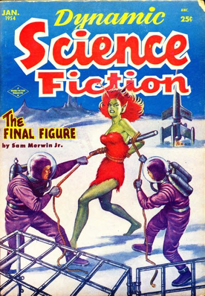 Green Alien Woman Battles Spacemen – Dynamic Science Fiction Jan 1954