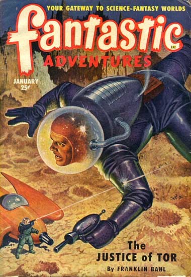 Giant Spaceman Battles Armed Foes – Fantastic Adventures January Cover